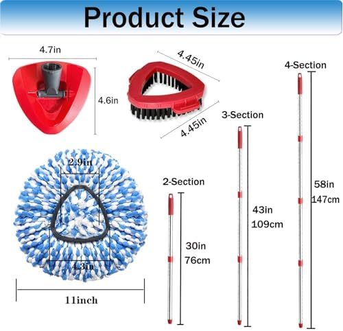 Spin Mop Replace Heads for O Cedar Rinse Clean 2 Tank System, Spin Mop Replacement Head 2 Microfiber Mop Refills, 1 Triangle Head Cover and 30-58in Handle 1 1Scrub Brush