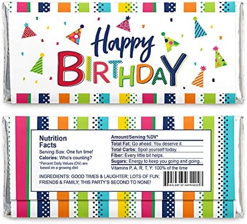 Big Dot of Happiness Cheerful Happy Birthday Candy Bar Wrappers with Silver Foil - Birthday Party Favors for Chocolate Bars, Fun Celebration Decorations Pack of 24