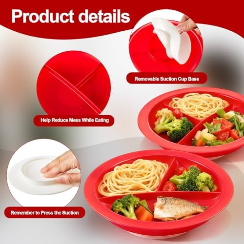 Hushee 2 Pcs Adaptive Spill Proof Scoop Plates with Suction Base, 9.2'' Dish with Walls, Non Skid Self Feed Dinnerware for Elderly Disabled Handicapped from Parkinsons, Dementia, Stroke, Tremor (Red)