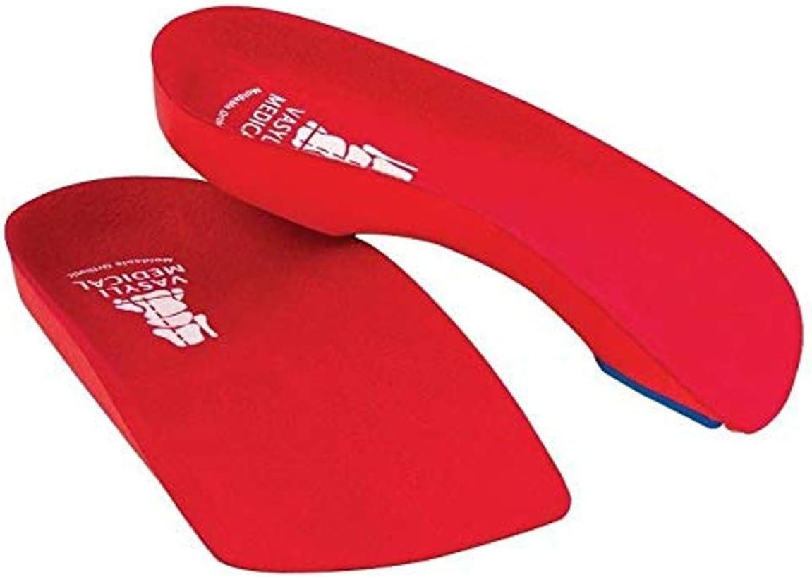 Vasyli Custom 3/4 Length Insoles, Red, Medium, Fast & Effective Pain Relief, Solid Biomechanical Control, Firm Density, High Performance Orthotic, Athletes, Overweight Patients, Heat Moldable