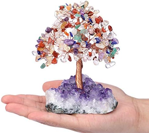 Jovivi Natural 7 Chakra Gemstone Healing Crystal Money Tree on Amethyst Cluster Geode Druzy Base Feng Shui Crystals for Home Office Desk Decorations, Wealth,Good Luck