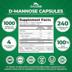 Zazzee D-Mannose, 1000 mg per Serving, 240 Vegan Capsules, 4 Month Supply, Potent & Fast-Acting, Certified Kosher, 100% Pure, All-Natural Urinary Tract Health Support, 100% Vegetarian, Non-GMO