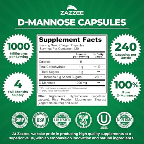 Zazzee D-Mannose, 1000 mg per Serving, 240 Vegan Capsules, 4 Month Supply, Potent & Fast-Acting, Certified Kosher, 100% Pure, All-Natural Urinary Tract Health Support, 100% Vegetarian, Non-GMO