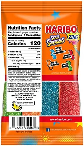 HARIBO Gummi Candy, Z!NG Sour Streamers Gummy Candy, 4.5 Ounce Share Size Bags (Pack of 12) Delicious Soft & Chewy Snacks, Assorted Fruity Flavors