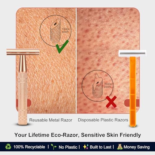 Matte Rose Gold Safety Razor, Single Blade Razors for Women, Reusable Metal Razor, with 10 Stainless Steel Double Edge Blades, Eco-friendly, Smooth & Close Shave, Plastic Free