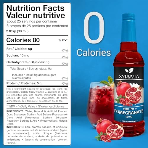 Syruvia Sugar-Free Pomegranate Syrup, Flavored Syrup for Drinks, Cocktails, Lemonades, Iced Teas, and Desserts – 25.4 fl oz