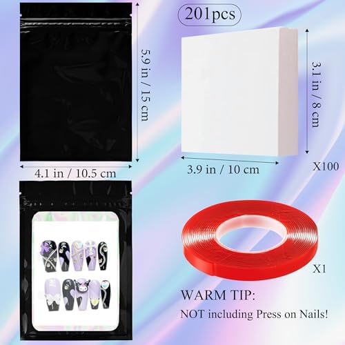 100PCS Empty Solid Black Holographic Nail Storage Bag Press on Nail Packaging Bag and 100PCS Shiny white cardboard Nail Tips Packaging Bags with 1 Roll Transparent Tape