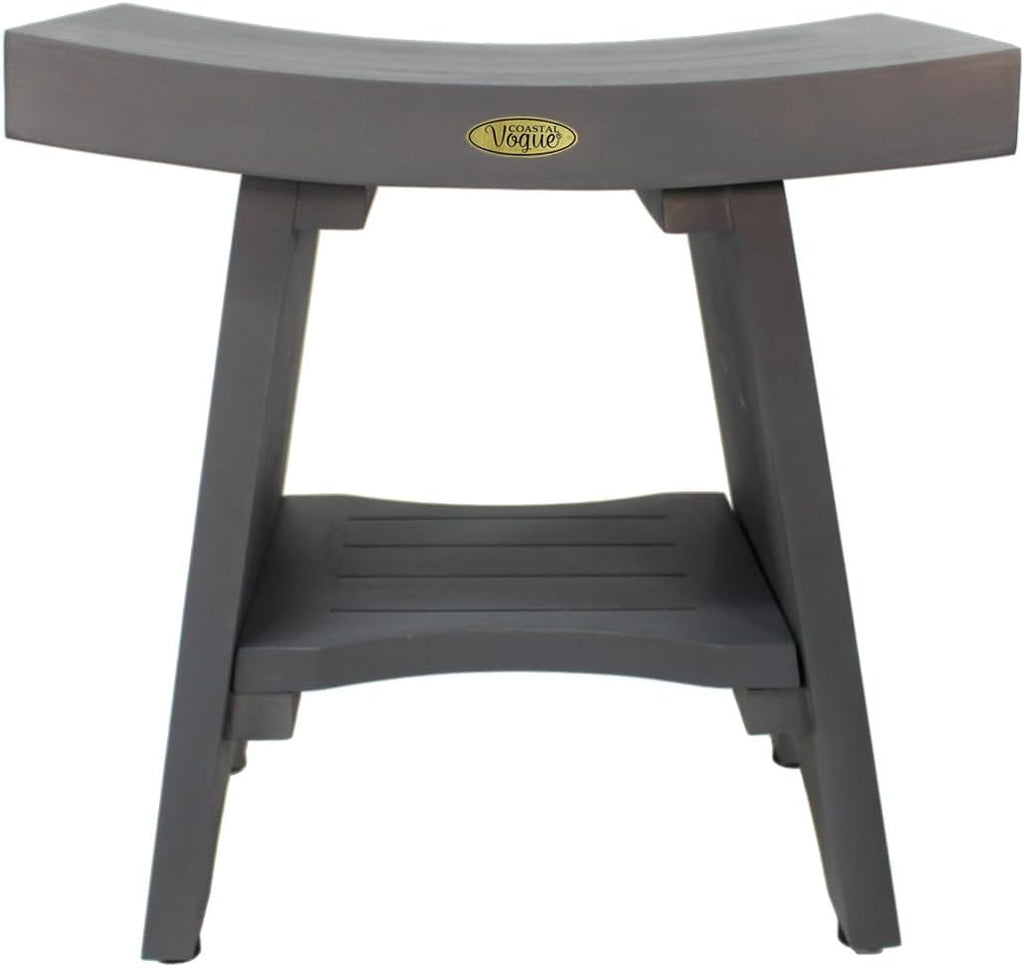 CoastalVogue 18 Inch Lunar Gray Serenityy Waterproof Teak Wood Shower Bench Stool Seat Chair for Inside Shower Provides Safety, Storage, and Organization for Bathroom Accessories