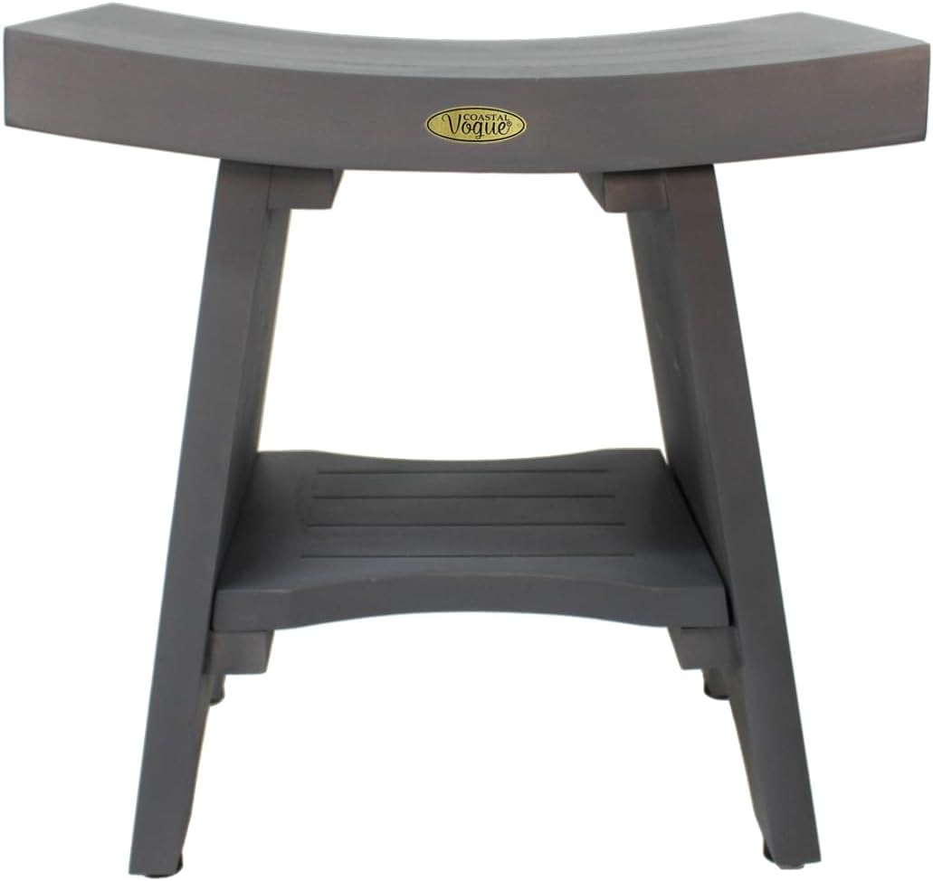 CoastalVogue 18 Inch Lunar Gray Serenityy Waterproof Teak Wood Shower Bench Stool Seat Chair for Inside Shower Provides Safety, Storage, and Organization for Bathroom Accessories