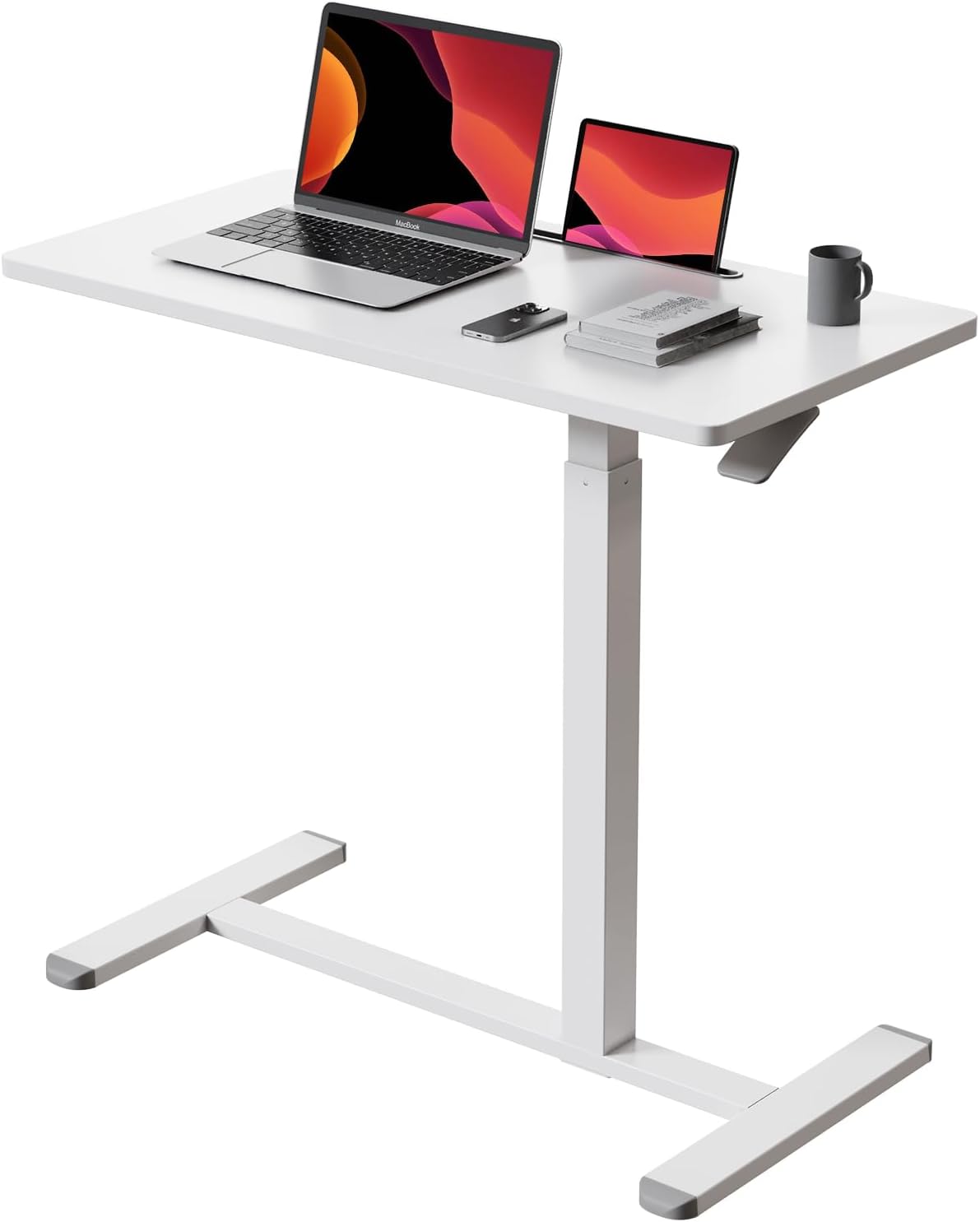 Mobile Standing Desk, Pneumatic Adjustable Rolling Desk(31.5 Inches), Portable Laptop Desk with Wheels, Overbed Bedside Table Laptop Table for Couch, Home, Office, White
