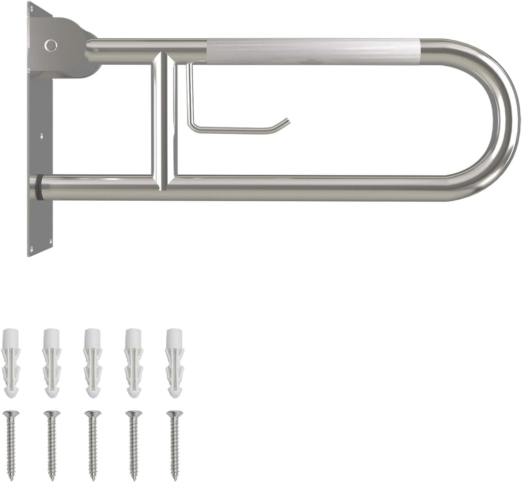23 Inch Toilet Grab Bar, Flip Up Grab Bar with Paper Holder, Anti-Slip Safety Bars for Toilet, Stainless Steel Knurled Toilet Handles for Seniors Disabled Elderly Pregnant, Brushed Nickel