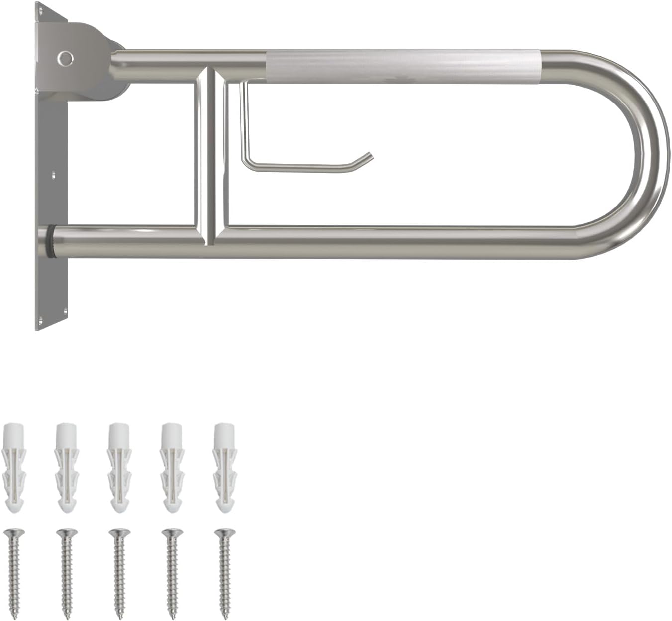 23 Inch Toilet Grab Bar, Flip Up Grab Bar with Paper Holder, Anti-Slip Safety Bars for Toilet, Stainless Steel Knurled Toilet Handles for Seniors Disabled Elderly Pregnant, Brushed Nickel