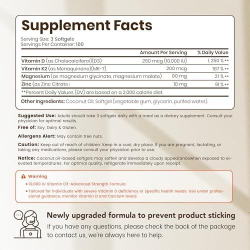 VEV Vitamin D3 K2 10,000 IU Magnesium Supplement – with Vitamin D and K (MK-7), Magnesium Glycinate & Malate, Zinc Citrate – 300 Softgels for Energy, Bone & Muscle Support