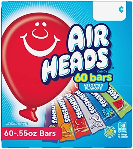 Airheads Full-Size Candy Bars, Taffy Candy Bulk Variety Pack, Individually Wrapped, Six Assorted Fruit Flavors Artificially Flavored, 60 Count Box