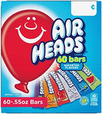 Airheads Full-Size Candy Bars, Taffy Candy Bulk Variety Pack, Individually Wrapped, Six Assorted Fruit Flavors Artificially Flavored, 60 Count Box