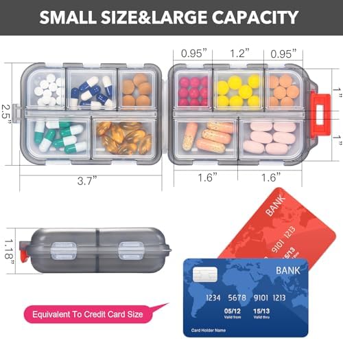 Travel Pill Organizer with 189 Medicine Labels, 10 Compartments Small Pill Case Compact and Portable Travel Pill Box for Airplane Car Purse Nurse Vacation Essentials (Gray, 1 Pack)