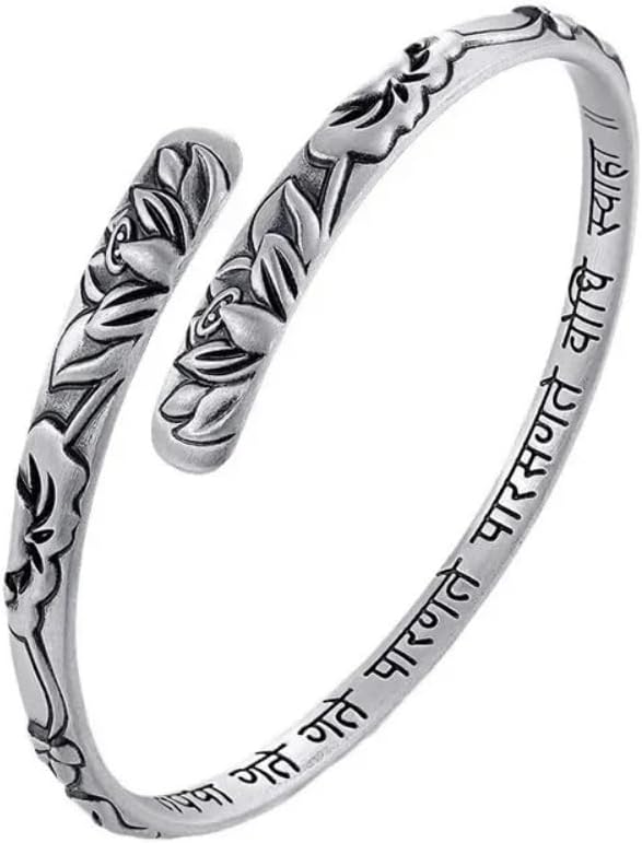 Vintage Silver Lotus Flower Buddhist Bracelet for Women Om Mani Padme Hum Buddhism Ethnic Adjustable Bangle Jewelry