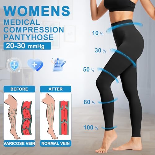 Medical Compression Pantyhose for Women & Men,20-30 mmhg Waist High Compression Stockings,Footless Graduated Support Compression Tights for Varicose Veins, Edema