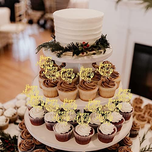 24 PCS Happy Mother's Day Cupcake Toppers with Glitter Heart Love Mother Best Mom Cupcake Picks for Happy Mother's Day Theme Women Birthday Party Cake Decorations Supplies Gold