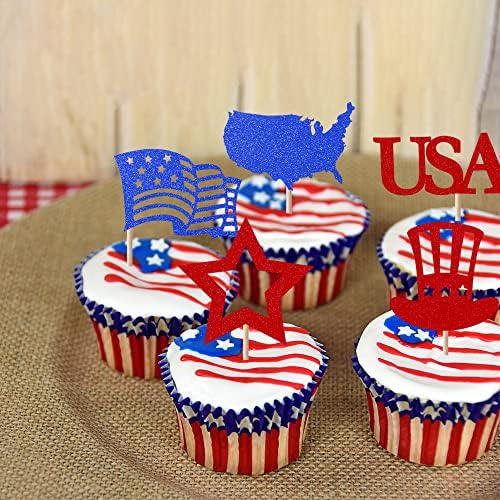 30 PCS Independence Day Cupcake Toppers with Flag Map Star USA Patriotic Cupcake Picks Happy 4th of July American National Independence Day Theme Party Cake Decorations Supplies