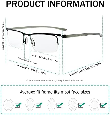Eyekepper 3 Pairs Half-rim Reading Glasses for Men Metal Readers Black Frame +2.00