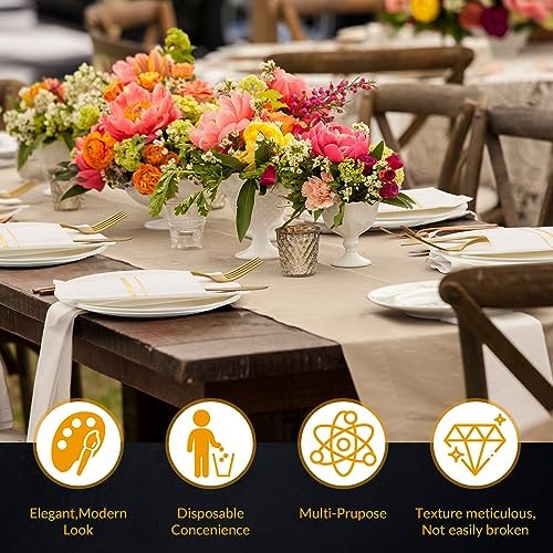 Roshtia 50 Pack Dinner Napkins Disposable Linen Feel Dinner Napkins with Built-in Flatware Pocket Gold Trim Lined Pre Folded Paper for Wedding Party (White,Gold)