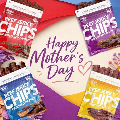Beef Jerky Chips Variety Pack, 4 Pack | Unique Crispy Texture, Up to 28g of Protein Per Bag, Bold Flavors Include Cracked Pepper, Teriyaki, Roasted Red Pepper & Korean BBQ | Jerky Gifts, Gift for Mom