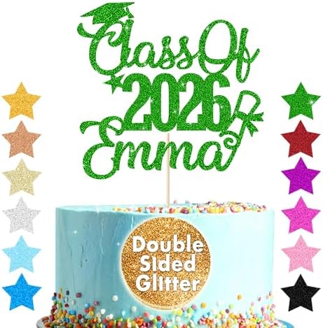 EDSG Personalized Graduation Cake Topper Class of 2026 Double Sided Glitter Cake Toppers Custom Congrats Graduation Cake Decorations with Any Name (Green)