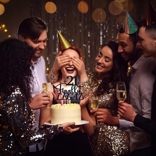 21 Finally Legal Cake Topper, Rip Fake ID, Cheers & Beers to 21 Years, Happy 21st Birthday Party Decoration Supplies, Black Glitter