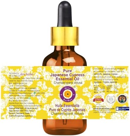 Deve Herbes Pure Japanese Cypress Essential Oil (Chamaecyparis obtusa) with Glass Dropper Steam Distilled (Pack of Three) 100ml X 3 (10 oz)