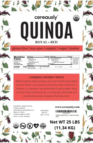 CEREAUSLY Organic Red Quinoa – Premium Royal Quinoa from Bolivia – Kosher and Non-GMO Quinoa Bulk – Vegan and Gluten-Fee Cooking Quinoa – 25 LB