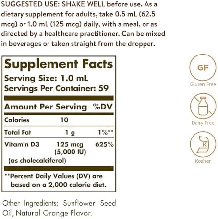 Solgar Liquid Vitamin D3 125 mcg (5,000 IU), 2 fl oz - Delicious, Natural Orange Flavor - Helps Maintain Healthy Bones & Teeth - Immune System Support - Gluten Free, Dairy Free, Kosher - 59 Servings