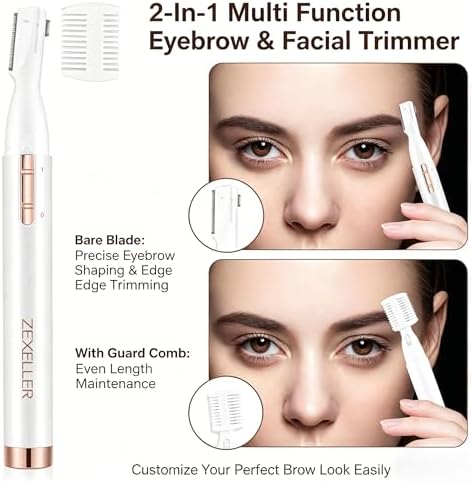 Upgraded Eyebrow Trimmer, Precision Electric Razor for Women Men, Battery Operated Painless Facial Hair Remover with Adjustable Comb & Washable Blade (Face, Upper Lip, Chin, Neck)