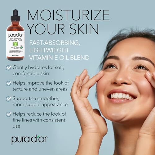 PURA D'OR 4 Oz Organic Vitamin E Oil 70,000 IU, USDA Certified Face, Body, Hair & Bath Oil with Argan, Jojoba, Rosehip, Apricot, Almond & Avocado, Lightweight Moisturizing Blend for Soft, Smooth Skin