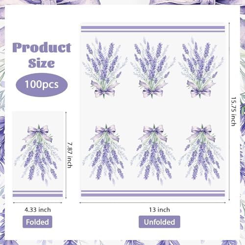 100 Pcs Lavender Paper Napkins 3 Ply Lavender Flower Napkins Disposable Purple Flower Beverage Napkins for Floral Girl Baby Shower Birthday Baby Shower Tea Party Table Decor