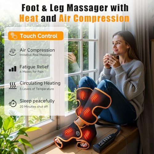 Leg Massager with Heat and Compression, Foot and Calf Massager for Circulation and Pain Relief, Compression Boots with Handheld Controller, 6 Modes 3 Intensities, Gift for Mom Dad