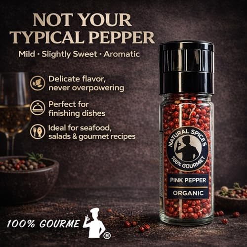 100% Gourmet Pink Peppercorns Grinder, Brazilian Whole Pink Peppercorns, Premium Glass Grinder, Fresh Gourmet Peppercorns, Non-GMO