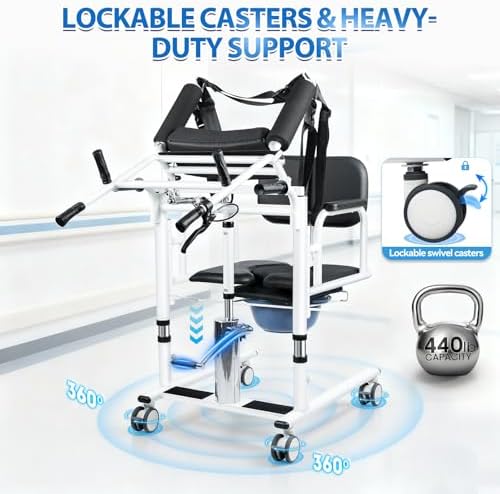 Patient Lift Transfer Chair for Home, 180° Split Seat Commode Wheelchair, Strap Can Be Lifted & Secured, 440lb Capacity Patient Transfer Chair for Elderly, Home Transfer Chairs for Seniors Handicapped