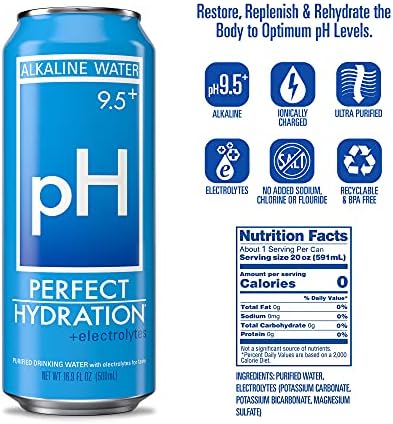 Perfect Hydration 9.5+ ph Alkaline Water, 9x Purified, Electrolyte Minerals for Taste, Made in the USA, 16.9 oz Recyclable Aluminum Cans, Pack of 24