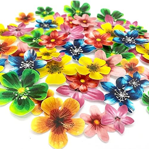 Weraru Edible 48Pcs Hawaii Flowers Wedding Cake&Cupcake Topper Luau Themed Party Birthday Cake Decoration
