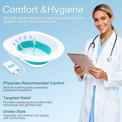 Electric Sitz Bath, Sitz Bath for Hemorrhoids, Sitz Bath for Toilet Seat, Sitz Bath for Postpartum Care, Sits Bath Kit for Women, Automatic Flushing, Foldable, Fits Universal Toilet
