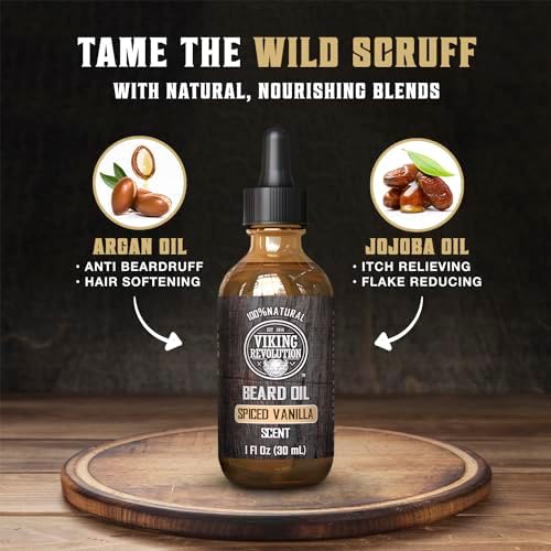 Viking Revolution Beard Oil for Men - Natural Mens Beard Oil with Argan Oil and Jojoba Oil - Beard Softener,Strengthens and Moisturizes - Beard Conditioner for Men (Spiced Vanilla, 1 Pack)
