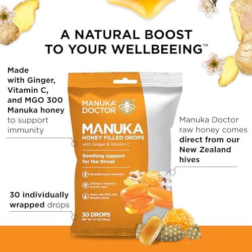 Manuka Doctor Cough Drops, Manuka Middles, 30 Drops (Pack of 1) Throat Lozenges Infused with Raw Manuka Honey, Vitamin C & Ginger for Immune Support, Helps Soothe Sore Throat