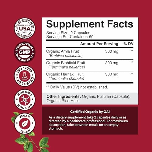 Digestive Triphala Capsules Organic Complex - Organic Triphala Colon Cleanser & Detox Digestive Health Supplement - Ayurvedic Complex for Gas Bloating & Constipation Relief for Women & Men 120 count
