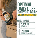 Organic Plant D3 + K2 | 5000 iu D3 + 120 mcg K2 as All-Trans MK7 from MenaQ7® - 100% Whole Food, Raw & Vegan | Enhanced Digestion with Prebiotic & Superfood Complex – D3 from Organic Algae (60 Count)
