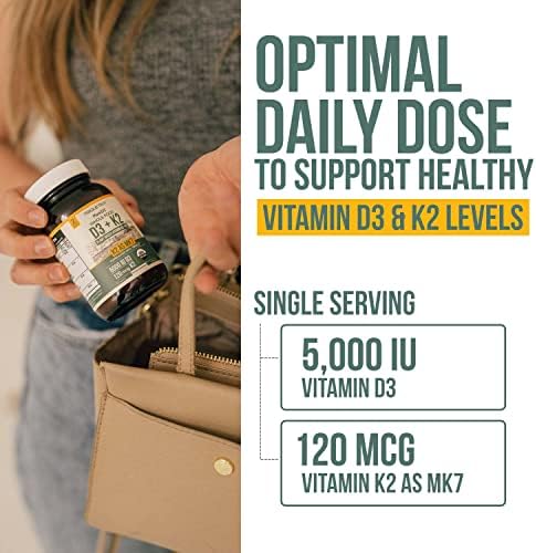 Organic Plant D3 + K2 | 5000 iu D3 + 120 mcg K2 as All-Trans MK7 from MenaQ7® - 100% Whole Food, Raw & Vegan | Enhanced Digestion with Prebiotic & Superfood Complex – D3 from Organic Algae (60 Count)