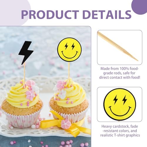 24PCS One Happy Dude Cupcake Toppers,Retro Smiley Face Checkered Cake Decorations for Boys 1st Birthday Party, Groovy First Birthday Supplies - Smiley Face Cake Picks