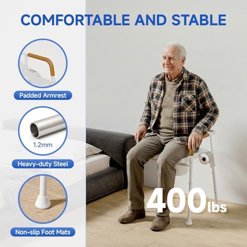 Loyoda Heavy Duty Steel Bedside Commode Chair - 400 lb Capacity, No-Tools Assembly, Adjustable Height, Removable Bucket with Liner, Convertible Toilet Safety Raiser, Waterproof Foam Seat