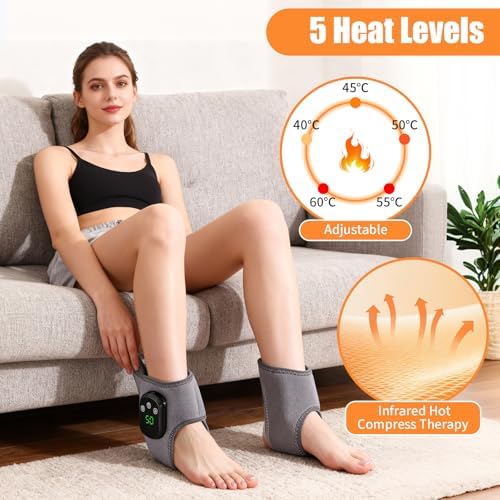 2PCS Ankle Massager for Pain Relief, Wireless Foot Massager for Circulation and Pain Relief Ankle Heating Pad with Massage Portable with 5-Level Heat & Vibration Adjustable, Smart Timer Touch Screen