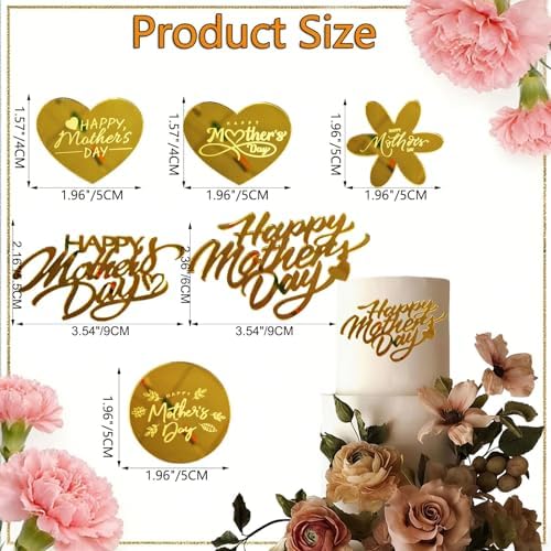20 Pack Happy Mother's Day Cake Toppers, 5 Styles Gold Acrylic Side Cake Decorations, Heart Flower Round Cupcake Toppers for Mother's Day Mom Birthday Party Supplies